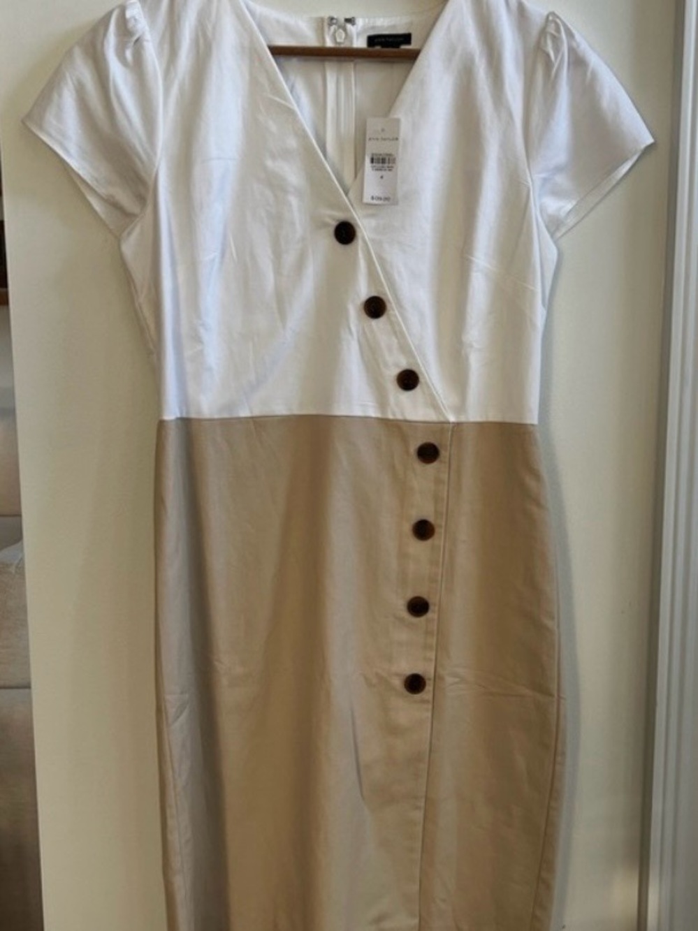 Ann Taylor White and Beige Two-Tone V-Neck Button Midi Dress